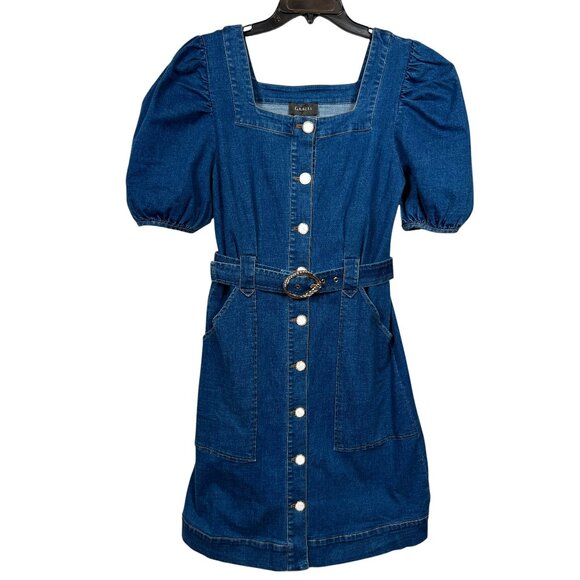 Gracia Denim Dress Small Blue Pearl Button Front Belted Puff Sleeve Pockets - Picture 1 of 6